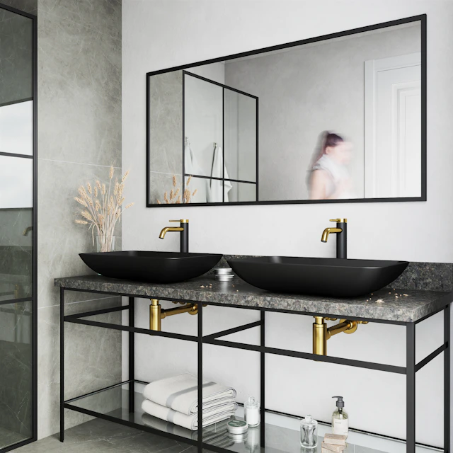 Matte Shell Hadyn Glass Rectangular Vessel Bathroom Sink in Black with Lexington Faucet and Pop-Up Drain in Matte Gold - angle 2 - other