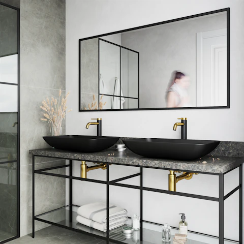 Matte Shell Hadyn Glass Rectangular Vessel Bathroom Sink in Black with Lexington Faucet and Pop-Up Drain in Matte Gold - image 2 - other