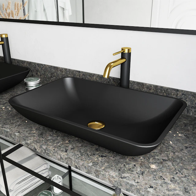 Matte Shell Hadyn Glass Rectangular Vessel Bathroom Sink in Black with Lexington Faucet and Pop-Up Drain in Matte Gold - angle 3 - other