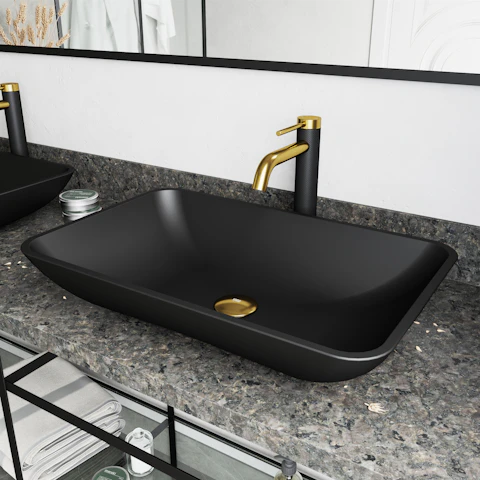 Matte Shell Hadyn Glass Rectangular Vessel Bathroom Sink in Black with Lexington Faucet and Pop-Up Drain in Matte Gold - image 3 - other