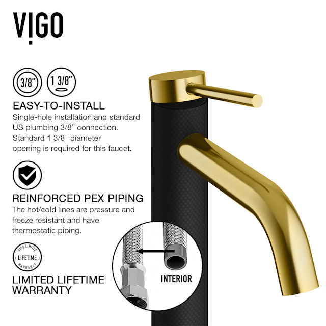Matte Shell Hadyn Glass Rectangular Vessel Bathroom Sink in Black with Lexington Faucet and Pop-Up Drain in Matte Gold - angle 9 - other