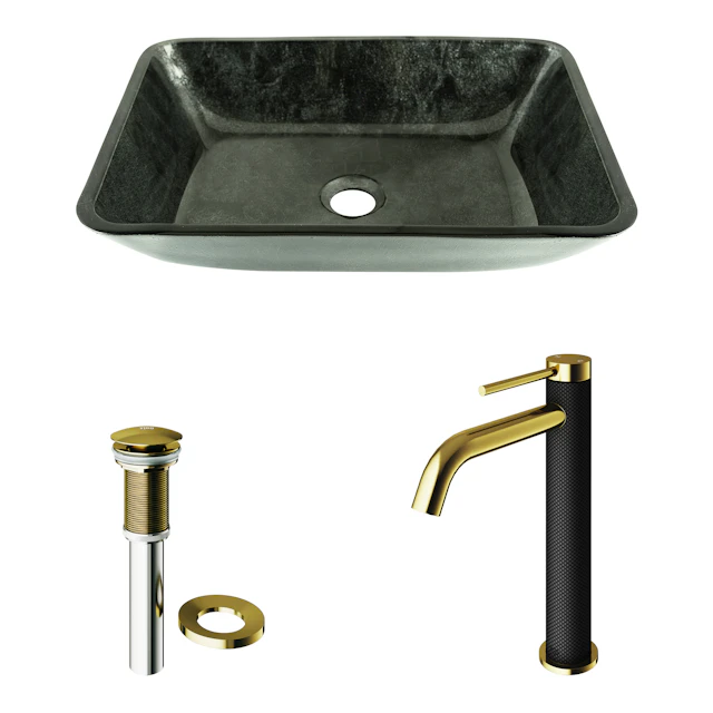 Glass Rectangular Vessel Bathroom Sink in Onyx Gray with Lexington Faucet and Pop-Up Drain in Matte Gold - angle 12 - other