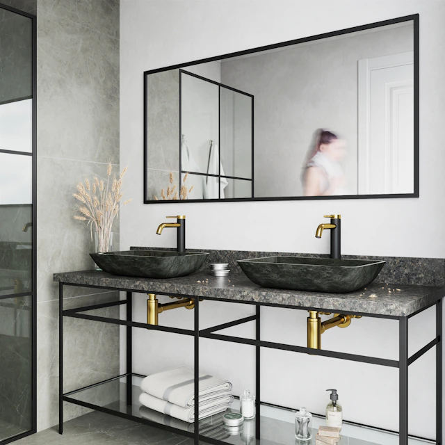 Glass Rectangular Vessel Bathroom Sink in Onyx Gray with Lexington Faucet and Pop-Up Drain in Matte Gold - angle 2 - other
