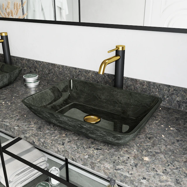 Glass Rectangular Vessel Bathroom Sink in Onyx Gray with Lexington Faucet and Pop-Up Drain in Matte Gold - angle 3 - other