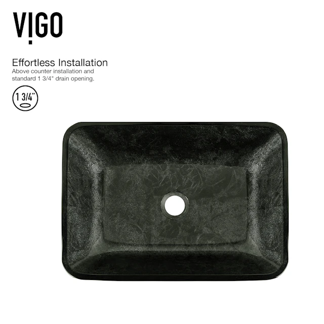 Glass Rectangular Vessel Bathroom Sink in Onyx Gray with Lexington Faucet and Pop-Up Drain in Matte Gold - angle 4 - other