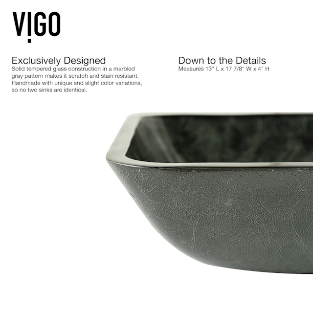 Glass Rectangular Vessel Bathroom Sink in Onyx Gray with Lexington Faucet and Pop-Up Drain in Matte Gold - angle 6 - other