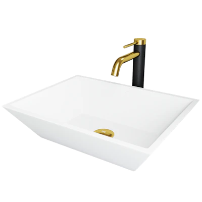 Matte Stone Vinca Composite Rectangular Vessel Bathroom Sink in White with Faucet and Pop-Up Drain in Matte Gold
