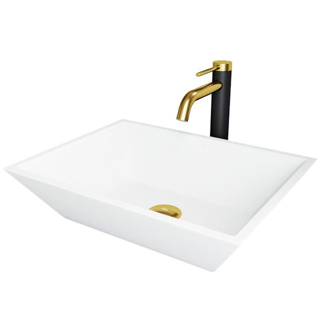 Matte Stone Vinca Composite Rectangular Vessel Bathroom Sink in White with Faucet and Pop-Up Drain in Matte Gold - angle 1 - other