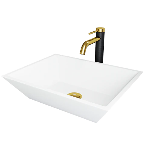 Matte Stone Vinca Composite Rectangular Vessel Bathroom Sink in White with Faucet and Pop-Up Drain in Matte Gold - image 1 - other