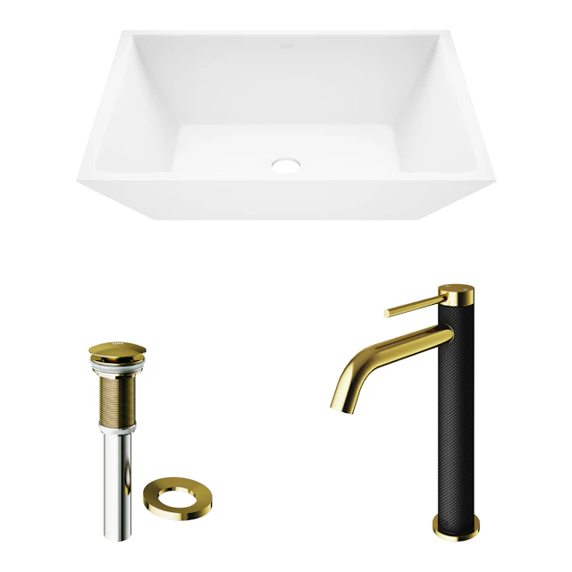 Matte Stone Vinca Composite Rectangular Vessel Bathroom Sink in White with Faucet and Pop-Up Drain in Matte Gold - angle 13 - other
