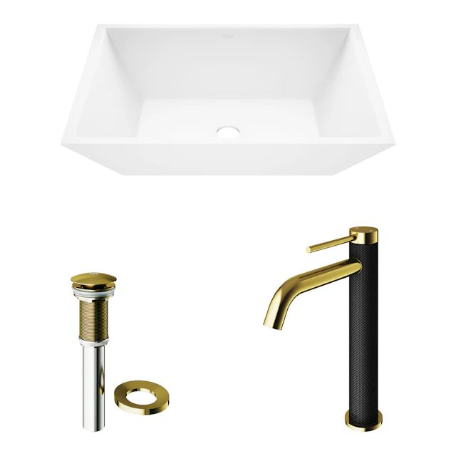 Matte Stone Vinca Composite Rectangular Vessel Bathroom Sink in White with Faucet and Pop-Up Drain in Matte Gold - image 13 - other