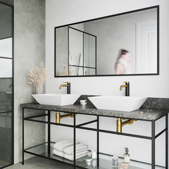 Matte Stone Vinca Composite Rectangular Vessel Bathroom Sink in White with Faucet and Pop-Up Drain in Matte Gold - angle 2 - other