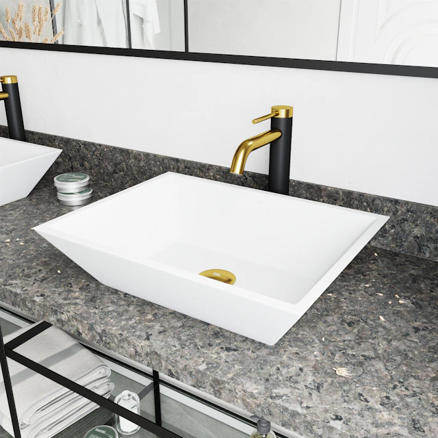 Matte Stone Vinca Composite Rectangular Vessel Bathroom Sink in White with Faucet and Pop-Up Drain in Matte Gold - angle 3 - other