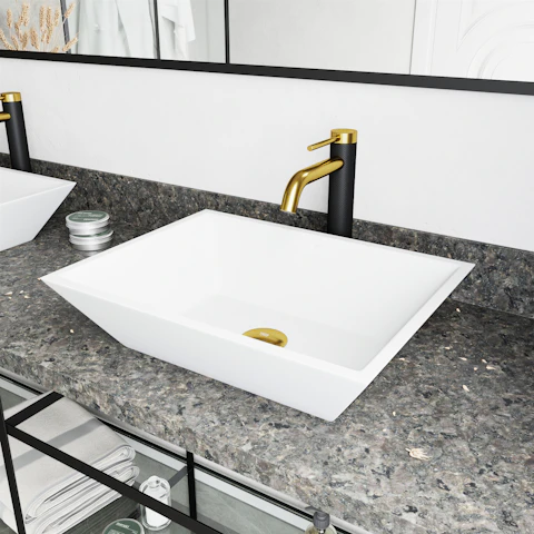 Matte Stone Vinca Composite Rectangular Vessel Bathroom Sink in White with Faucet and Pop-Up Drain in Matte Gold - image 3 - other