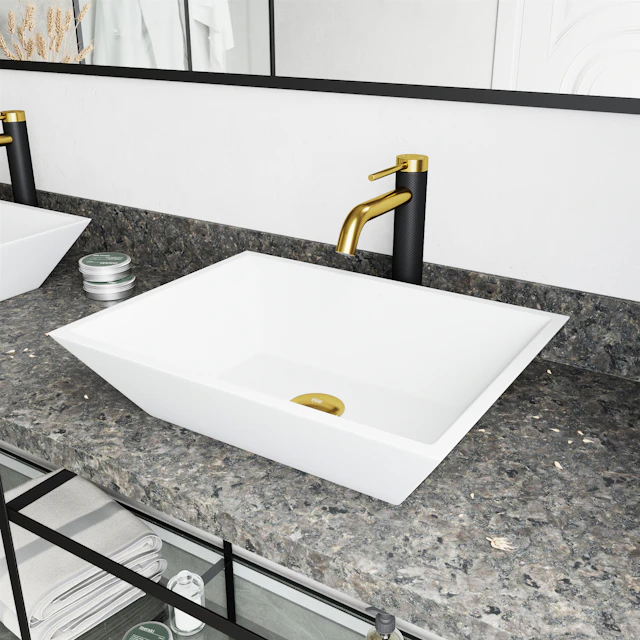 Matte Stone Vinca Composite Rectangular Vessel Bathroom Sink in White with Faucet and Pop-Up Drain in Matte Gold - image 3 - other