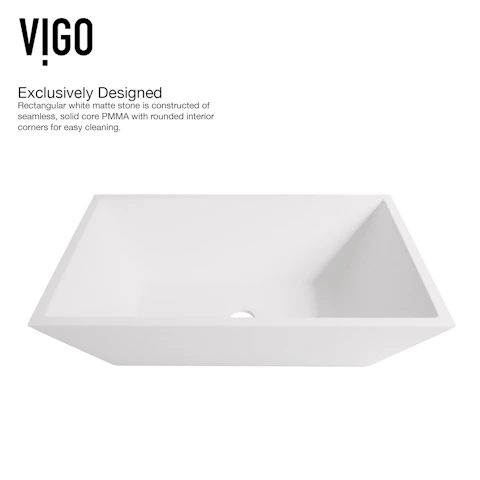 Matte Stone Vinca Composite Rectangular Vessel Bathroom Sink in White with Faucet and Pop-Up Drain in Matte Gold - image 6 - other