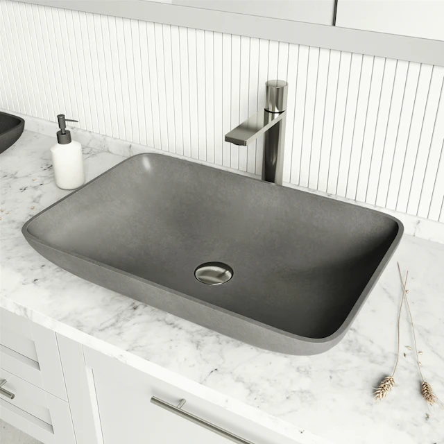 Concreto Stone 22 in. Rectangular Vessel Bathroom Sink in Gray with Gotham Faucet and Pop-Up Drain - angle 3 - other