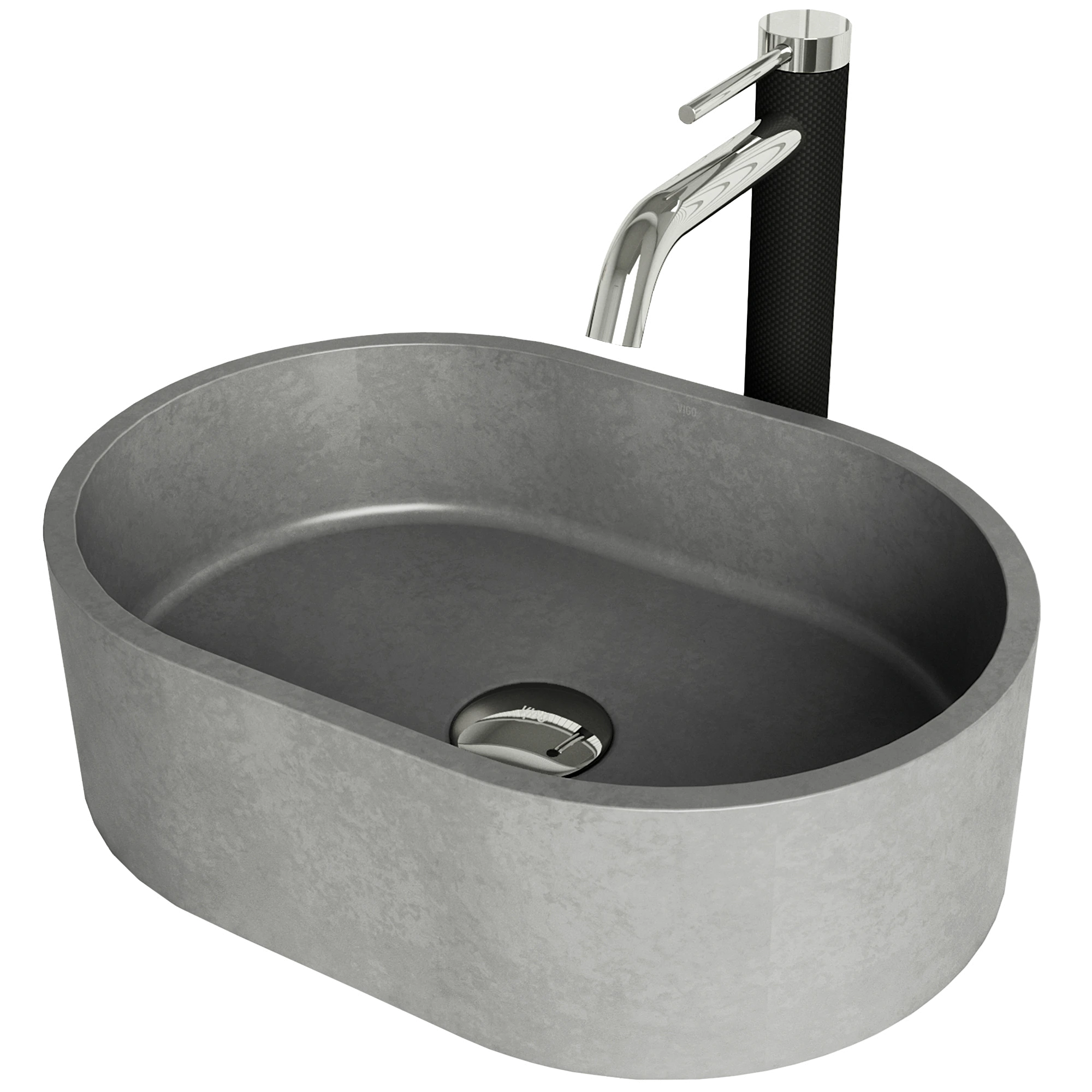 Concreto Stone 16 in. Concrete Oval Vessel Bathroom Sink in Gray with Lexington Faucet and Pop-Up Drain