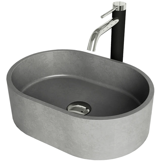 Concreto Stone 16 in. Concrete Oval Vessel Bathroom Sink in Gray with Lexington Faucet and Pop-Up Drain - image 1 - other