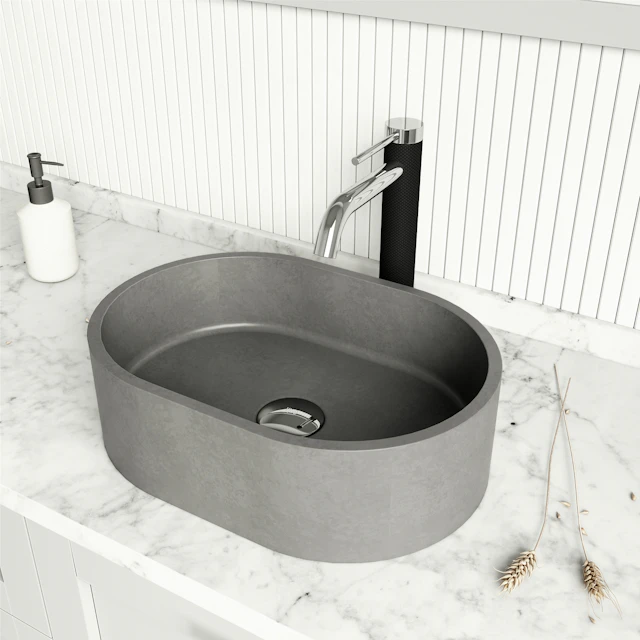 Concreto Stone 16 in. Concrete Oval Vessel Bathroom Sink in Gray with Lexington Faucet and Pop-Up Drain - image 3 - other