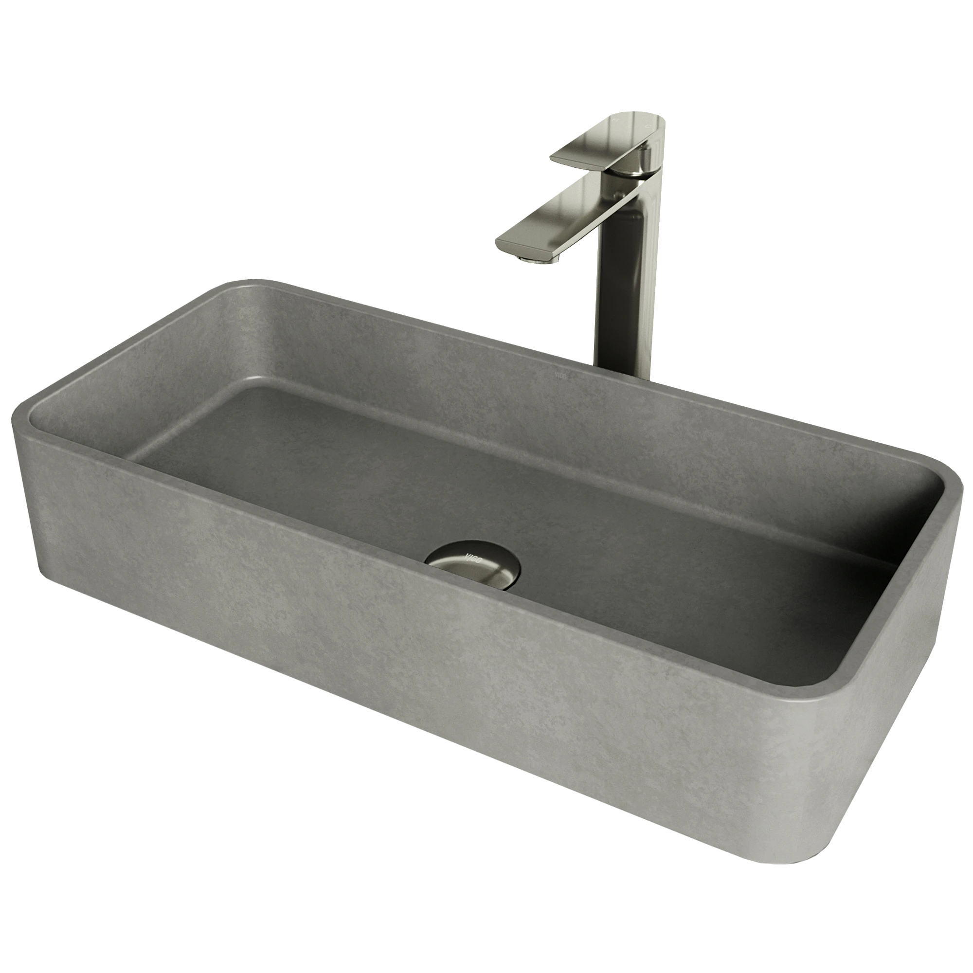 Concreto Stone 24 in. Rectangular Vessel Bathroom Sink in Gray with Norfolk Faucet and Pop-Up Drain