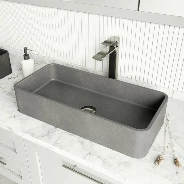 Concreto Stone 24 in. Rectangular Vessel Bathroom Sink in Gray with Norfolk Faucet and Pop-Up Drain - angle 3 - other