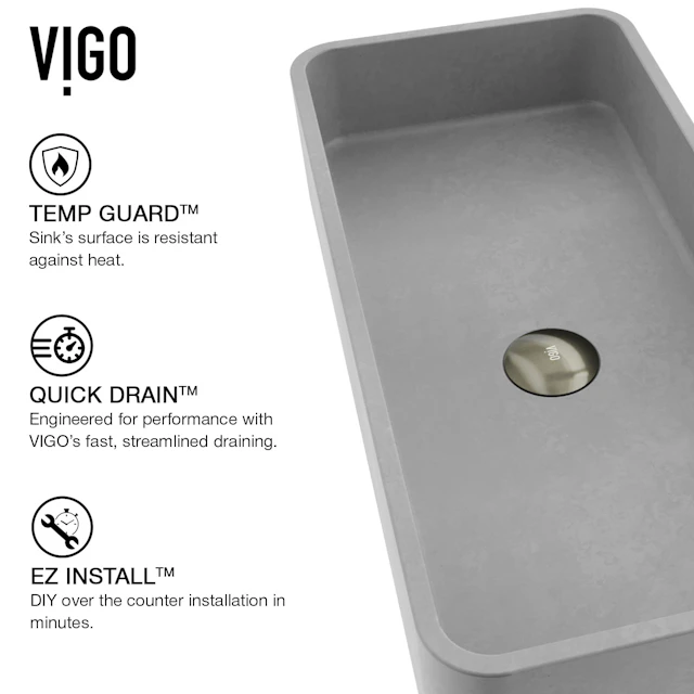 Concreto Stone 24 in. Rectangular Vessel Bathroom Sink in Gray with Norfolk Faucet and Pop-Up Drain - angle 5 - other