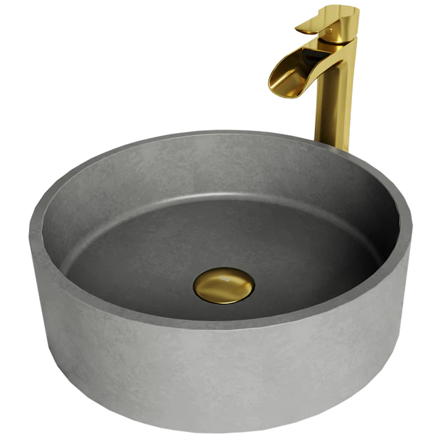 Concreto Stone Concrete Round Vessel Bathroom Sink in Gray with Niko Faucet and Pop-Up Drain in Matte Gold - angle 1 - other