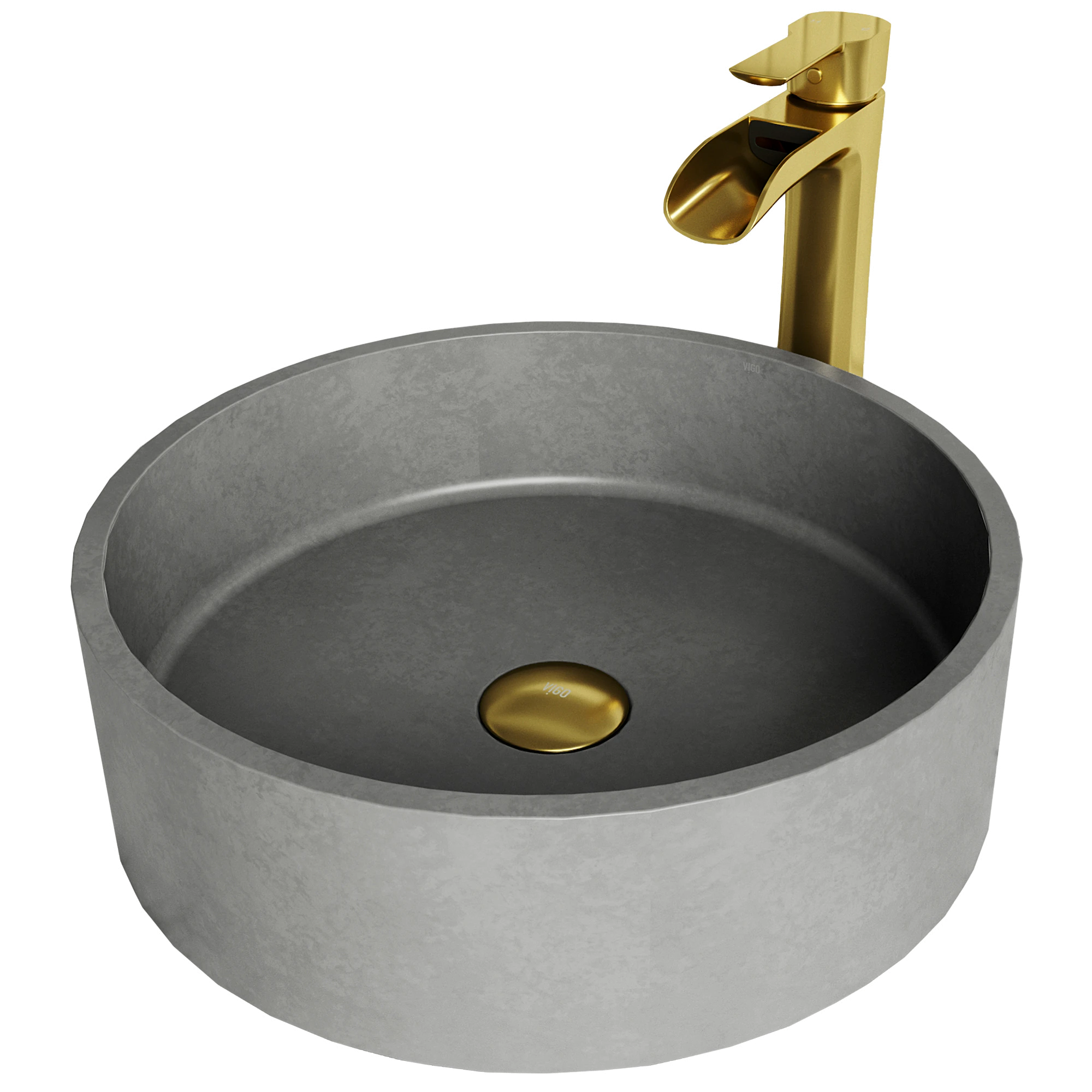 Concreto Stone Concrete Round Vessel Bathroom Sink in Gray with Niko Faucet and Pop-Up Drain in Matte Gold