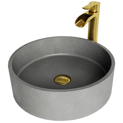 Concreto Stone Concrete Round Vessel Bathroom Sink in Gray with Niko Faucet and Pop-Up Drain in Matte Gold - image 1 - other