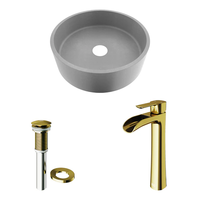 Concreto Stone Concrete Round Vessel Bathroom Sink in Gray with Niko Faucet and Pop-Up Drain in Matte Gold - angle 11 - other