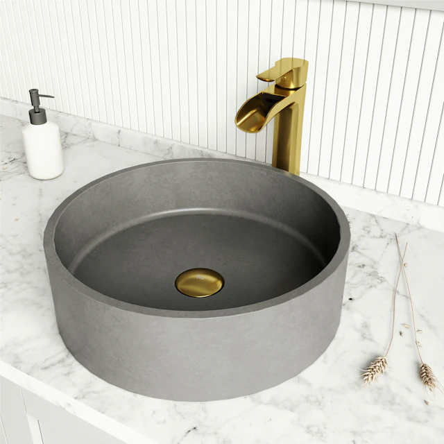 Concreto Stone Concrete Round Vessel Bathroom Sink in Gray with Niko Faucet and Pop-Up Drain in Matte Gold - angle 3 - other