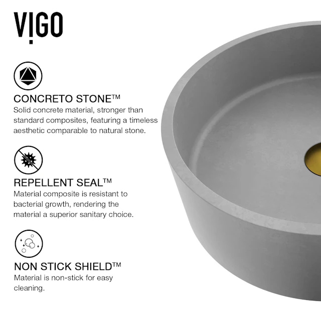 Concreto Stone Concrete Round Vessel Bathroom Sink in Gray with Niko Faucet and Pop-Up Drain in Matte Gold - angle 4 - other