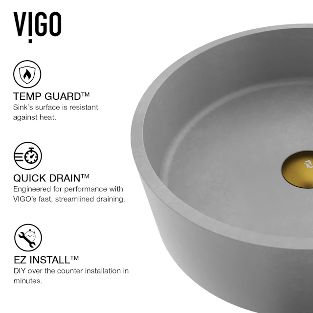 Concreto Stone Concrete Round Vessel Bathroom Sink in Gray with Niko Faucet and Pop-Up Drain in Matte Gold - angle 5 - other