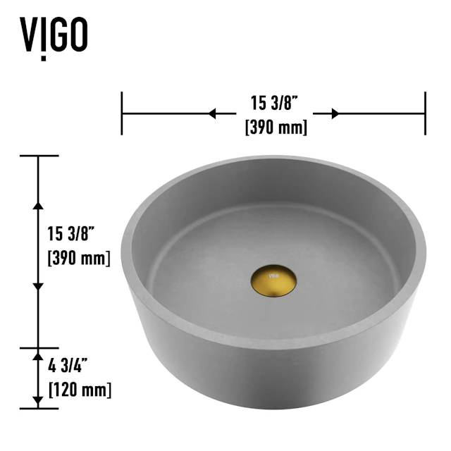 Concreto Stone Concrete Round Vessel Bathroom Sink in Gray with Niko Faucet and Pop-Up Drain in Matte Gold - angle 6 - other