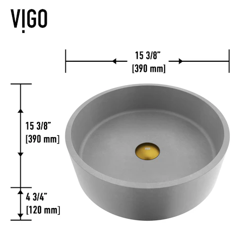 Concreto Stone Concrete Round Vessel Bathroom Sink in Gray with Niko Faucet and Pop-Up Drain in Matte Gold - image 6 - other