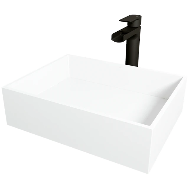Matte Stone Montauk Composite Rectangular Vessel Bathroom Sink in White with Amada Faucet and Drain - angle 1 - other