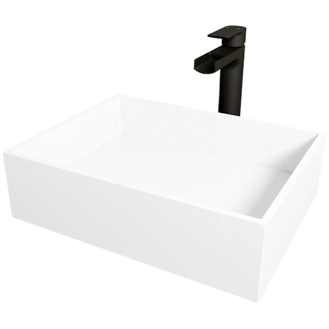 Matte Stone Montauk Composite Rectangular Vessel Bathroom Sink in White with Amada Faucet and Drain - image 1 - other