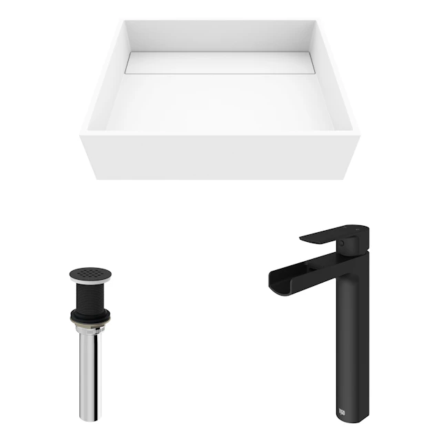 Matte Stone Montauk Composite Rectangular Vessel Bathroom Sink in White with Amada Faucet and Drain - angle 12 - other