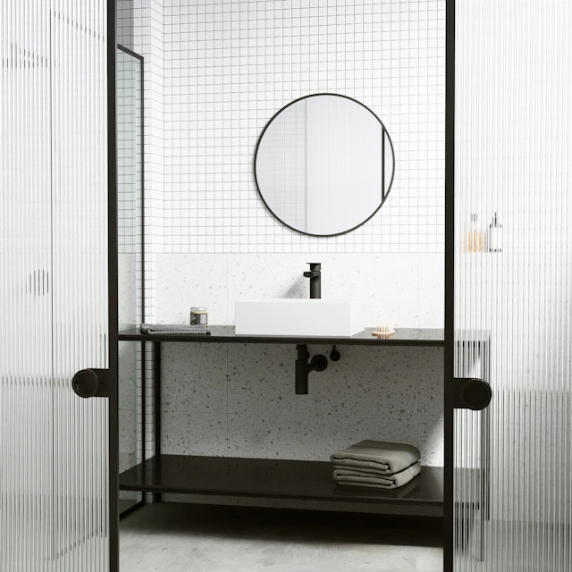 Matte Stone Montauk Composite Rectangular Vessel Bathroom Sink in White with Amada Faucet and Drain - angle 2 - other