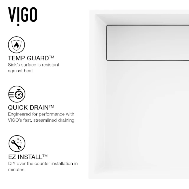 Matte Stone Montauk Composite Rectangular Vessel Bathroom Sink in White with Amada Faucet and Drain - angle 6 - other