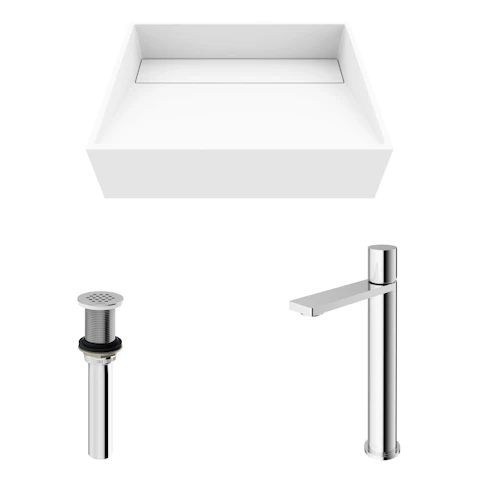 Matte Stone Starr Composite Rectangular Vessel Bathroom Sink in White with Gotham Faucet and Drain - image 12 - other