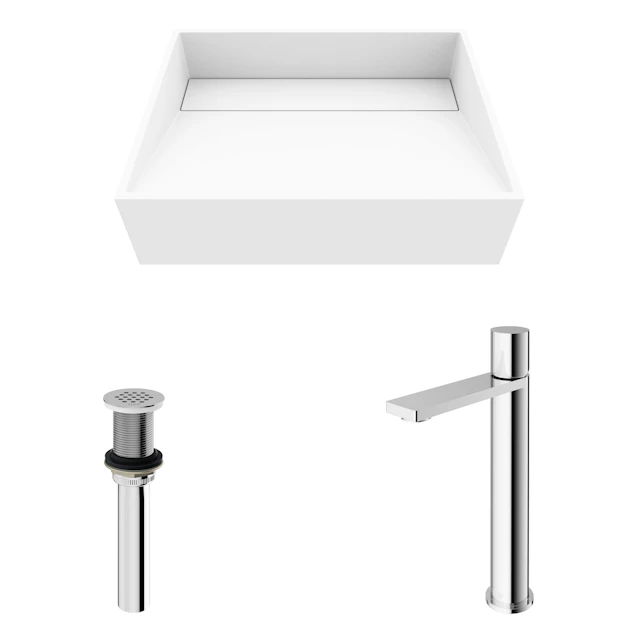Matte Stone Starr Composite Rectangular Vessel Bathroom Sink in White with Gotham Faucet and Drain - image 12 - other