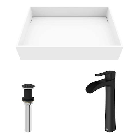 Matte Stone Montauk Composite Rectangular Vessel Bathroom Sink in White with Niko Faucet and Drain - image 10 - other