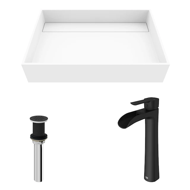 Matte Stone Montauk Composite Rectangular Vessel Bathroom Sink in White with Niko Faucet and Drain - image 10 - other