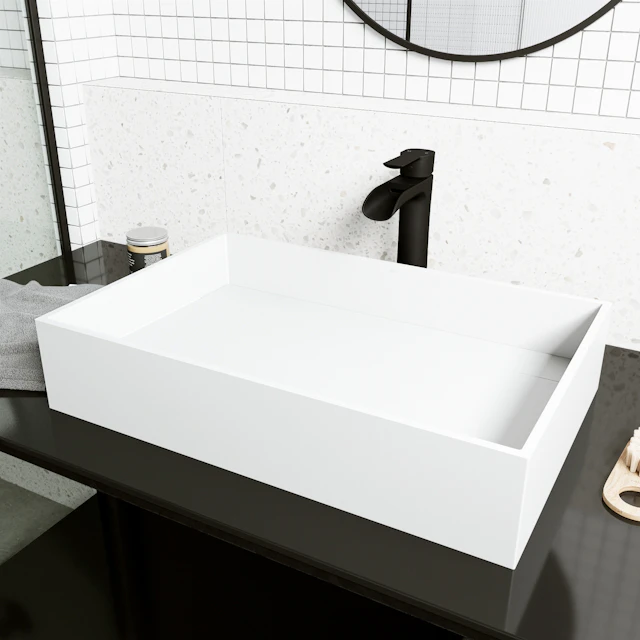 Matte Stone Montauk Composite Rectangular Vessel Bathroom Sink in White with Niko Faucet and Drain - image 3 - other