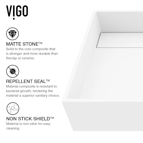 Matte Stone Montauk Composite Rectangular Vessel Bathroom Sink in White with Niko Faucet and Drain - image 5 - other
