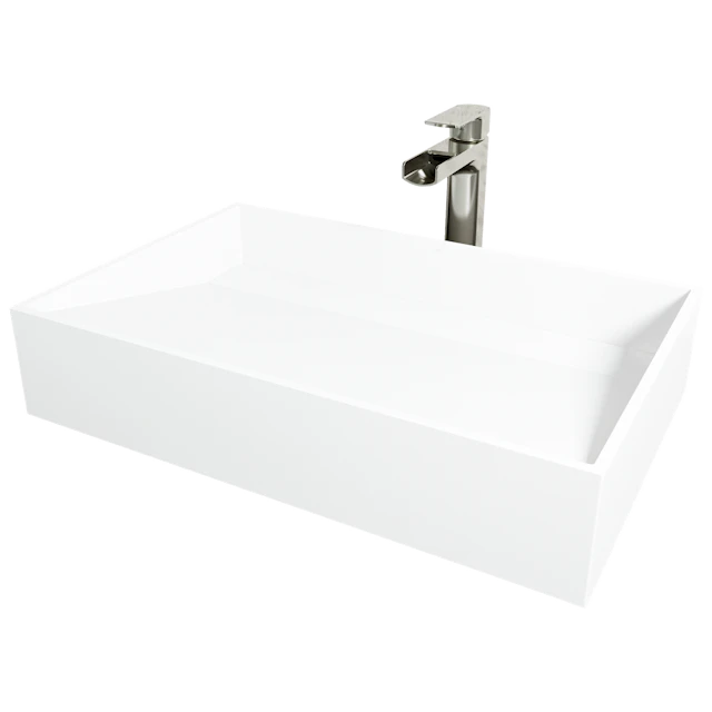 Matte Stone Starr Composite Rectangular Vessel Bathroom Sink in White with Amada Faucet and Drain - angle 1 - other