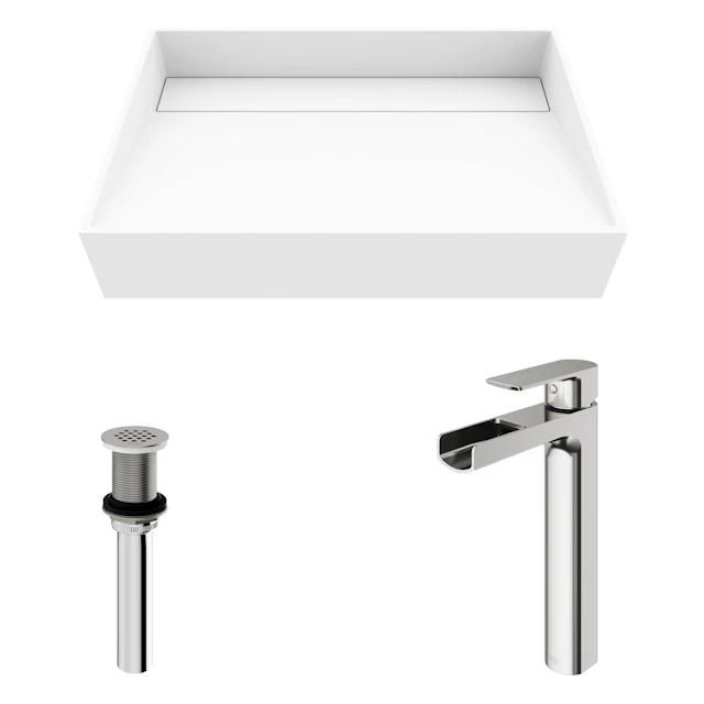 Matte Stone Starr Composite Rectangular Vessel Bathroom Sink in White with Amada Faucet and Drain - angle 12 - other