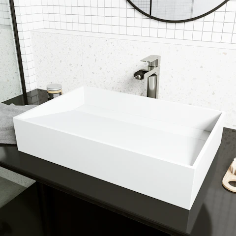 Matte Stone Starr Composite Rectangular Vessel Bathroom Sink in White with Amada Faucet and Drain - image 3 - other